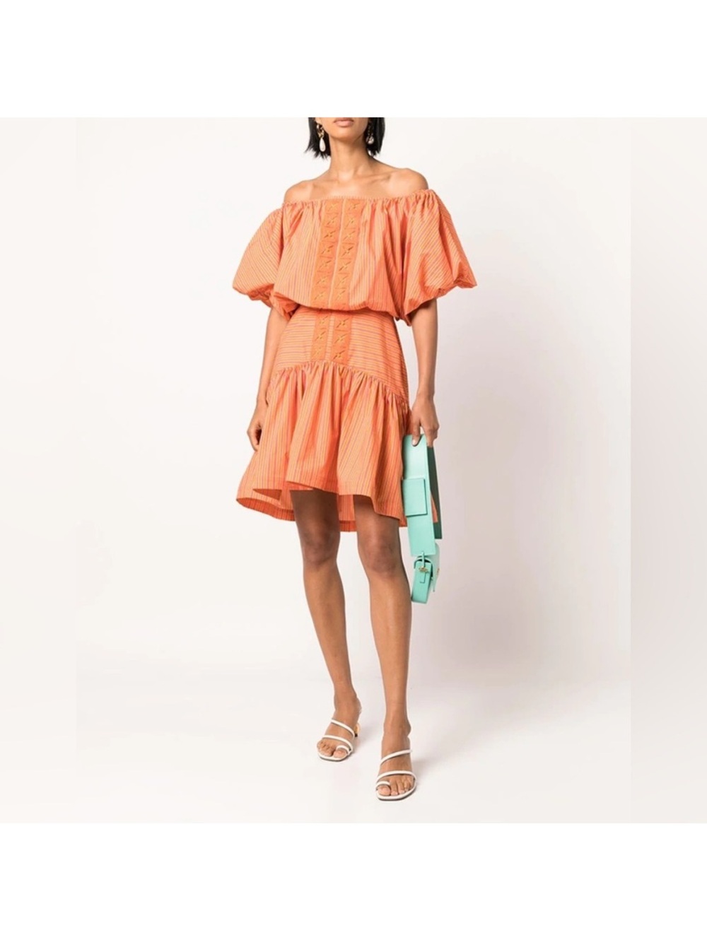 Silvia Tcherassi Coral-Orange off shoulder Stripe Dress